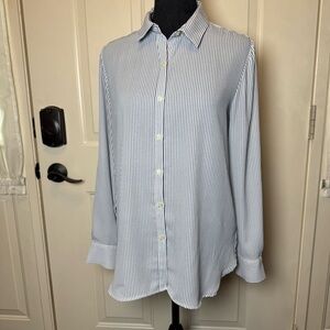 LOFT Petites Classic Blue/White Striped Blouse  Medium Petite  Roll Tab Sleeves